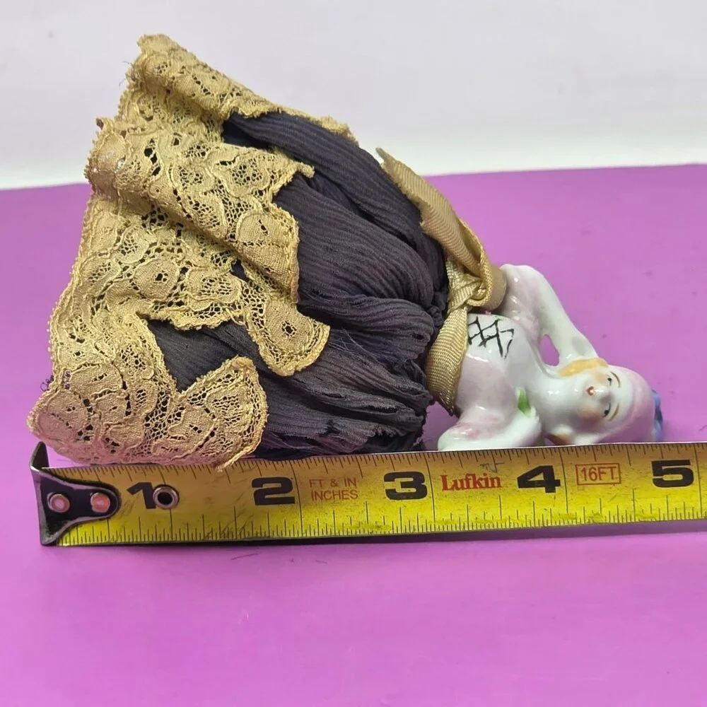 Vintage Porcelain Half Doll Pincushion With Lace‎ Skirt And Fabric Details